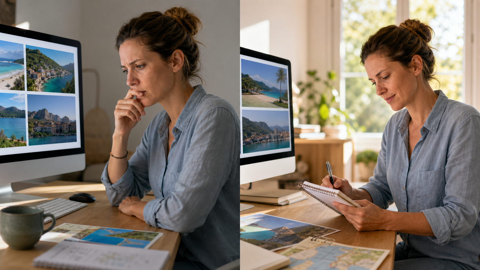 Personne comparant des destinations puis clarifiant son choix de vacances avec une courte liste de critères