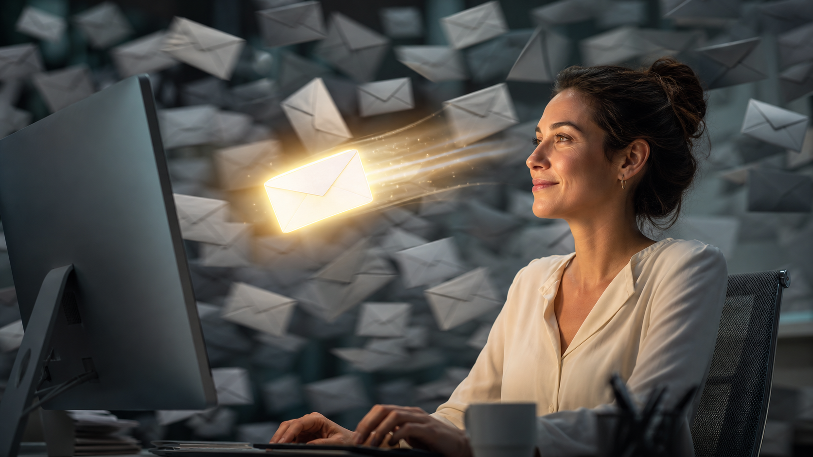 Une newsletter lumineuse se détache d’une boîte mail surchargée pendant qu’une professionnelle retrouve sa concentration